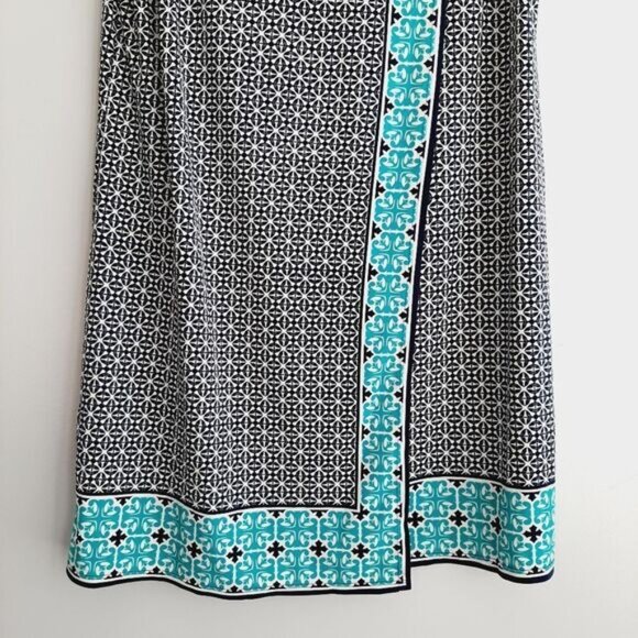 MAX STUDIO Geometric Blue Pattern Stretchy Faux Wrap Mini Dress Sz L - Picture 4 of 15